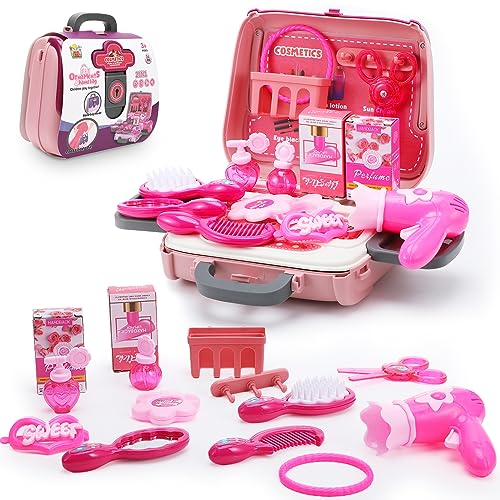 Wikay 24 PCS Juguete Maquillaje Niñas, Belleza Juguete Set con Princesa Maletin Incluir Peluqueria, Joyería Juguete, Cepillos, Barras de Labios, Espejo para Niñas 2 3 4 5 6 Años