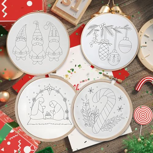 Image of YOUDRN Christmas Embroidery Kits,Candy Canes Embroidery Kits for Adults,Christmas Embroidery Kit for Beginners with Pattern,Cotton Threads,Needles,Instruction,20cm Hoop(Candy Canes)