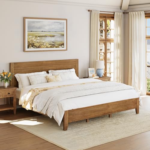 Cozyman King Bed Frame and Headboard, 100% Solid Acacia Wood Platform, 800lb Heavy Duty Support with...