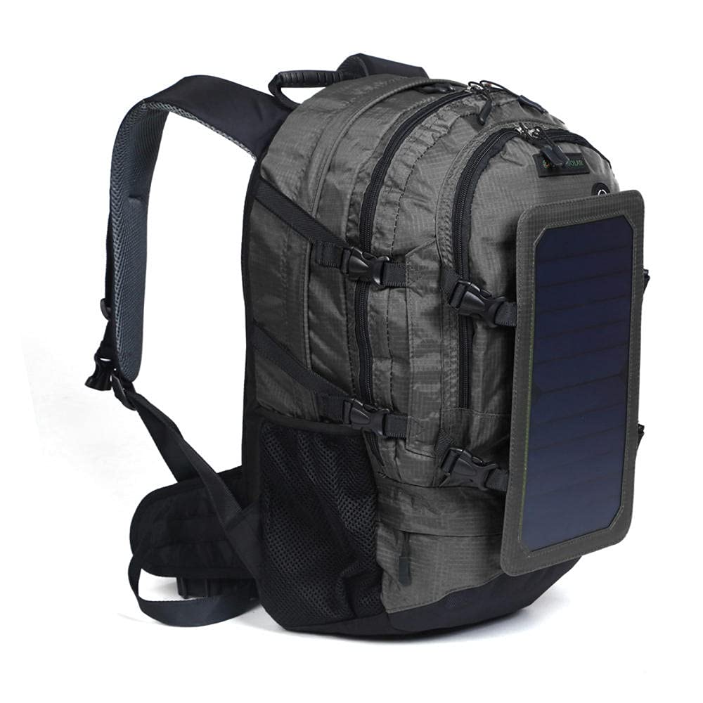 Zaino Solare con Pannello Solare Integrato da 6W, Caricare Smartphone con Energia Solare, Porta USB, Scomparto per Laptop da 17“, Volume di 45L