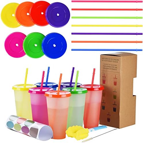 ALINK 7-Pack Color Changing Cups with Straw Lid - 24oz Large Reusable Plastic Tumblers with Lids and Straws, Smoothie Bottle Party Drinking Water Cup Cold Coffee Tumbler