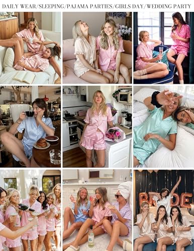 Image of Ekouaer Womens Satin Pajamas Set 2 Piece Button Down Silk Pjs Ruffle Short Sleeve Shorts Set Notch Collar Sleepwear