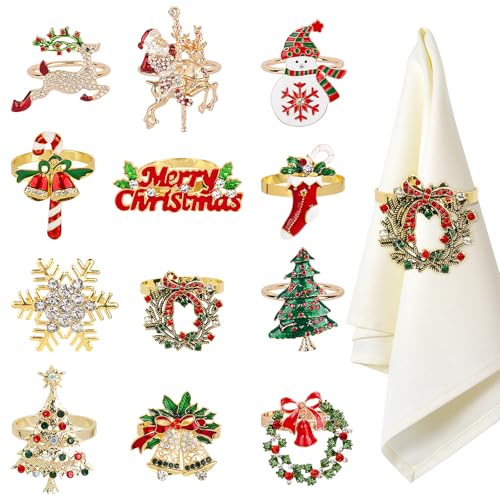 BOFUNX 12 peças guardanapos individuais de Natal anéis guardanapos de Natal aros guardanapo fivelas de metal para decoração mesa Natal ornamentos festa