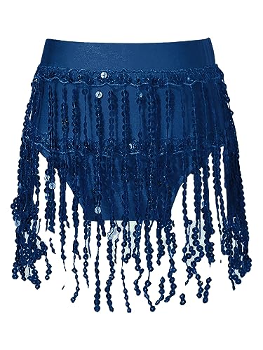 easyforever Kids Girls Sequins Tassel Hip Scarf Skirts Belly Ballet Latin Jazz Dance Skirts with Briefs Dancewear Navy Blue 10 Years
