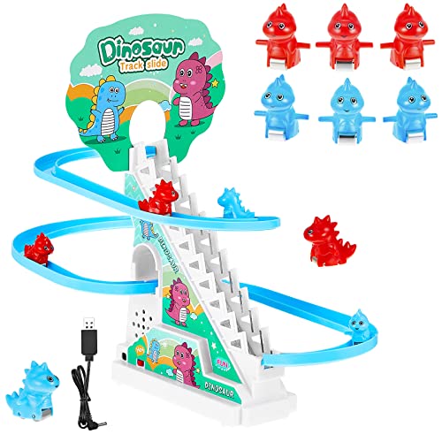 Image of Climb Stairs Toy Roller Coaster Toy for Halloween Christmas Electric Track Toys Track Slide Stairs Indoor Toy with LED Flashing Lights (Dinosaur)