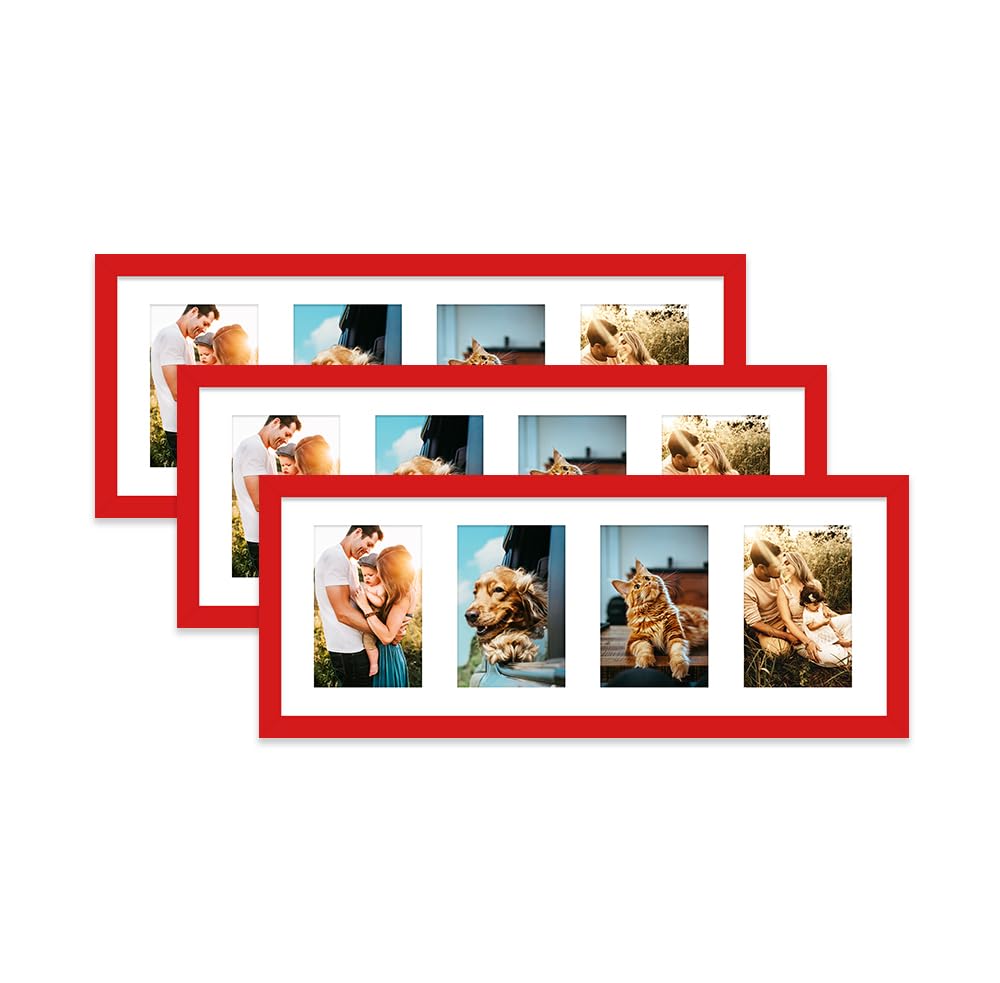 Red Multi Photo Frame - Holds 4 x 6x4 Pictures, Family Collage Picture Frame for Wall Display, 8x22 Panoramic Frame Size, Set of 3