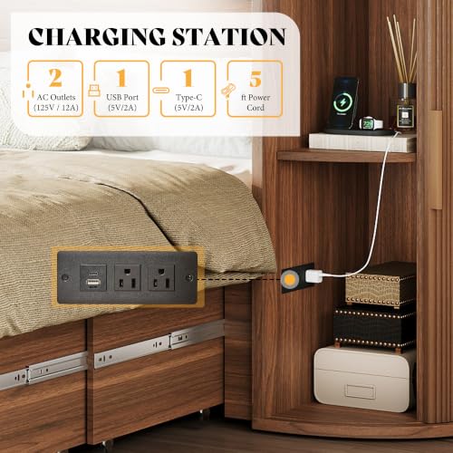 Image of AMERLIFE Full Murphy Bed with Storage Bedside Shelves & Sliding Tambour Door, Modern Cabinet Bed with Charging Station & Curved Fluted Design for Bedroom /Guest /Home Office, Brown