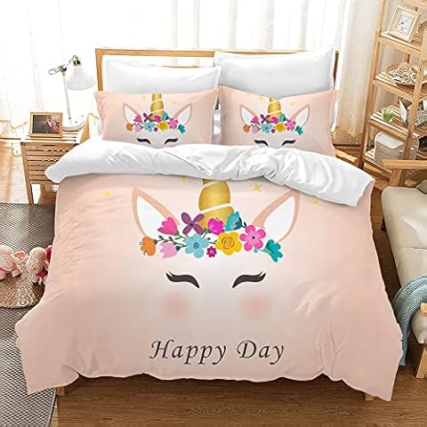 HZVRTN Children's Unicorn Bed Linen Set for Girls, Soft Microfibre Duvet Cover with Zip Pillowcase, 18D Unicorn Cartoon Bedding Set Cover