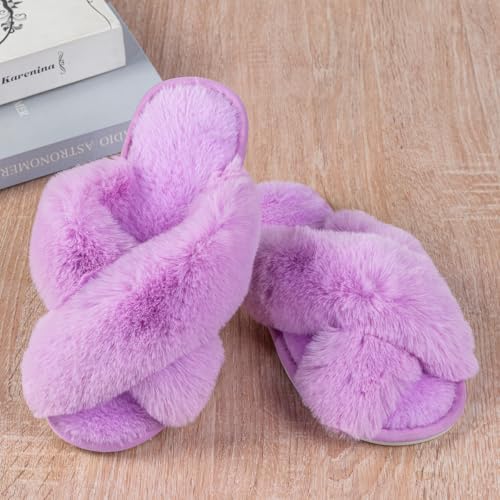 Image of Enteer Women's Slipper Memory Foam Cross Band Fuzzy Slippers Open Toe Cozy House Slippers Cozy Plush Bedroom Indoor Outdoor