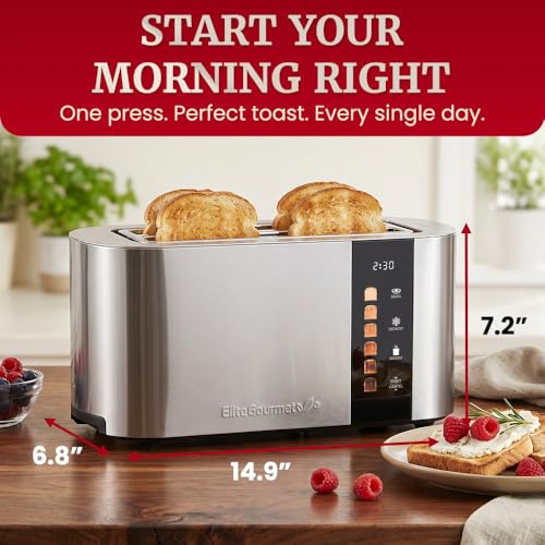 Image of Elite Gourmet ECT5500 4-Slice Long Slot Toaster, Fully Automatic Motorized, Stainless Steel Digital Touchscreen, Extra-Wide Slots, 6 Browning Levels, Bagel, Defrost & Reheat