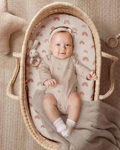 Image of Blissful Diary Muslin Bassinet Sheets, 2 Pack, Dusty Pink & Rainbow | fitted for bassinet mattress, soft and breathable cotton, boho style, easy care for machine wash, gift for boy and girl