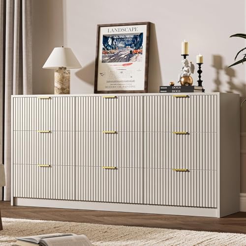 Image of MAISONARIA Beige 9 Drawer Dresser for Bedroom, 63 inch Wide Modern Fluted Dresser with Gold Metal Handles, Chest of Drawers for Bedroom, Living Room, Entryway, Hallway