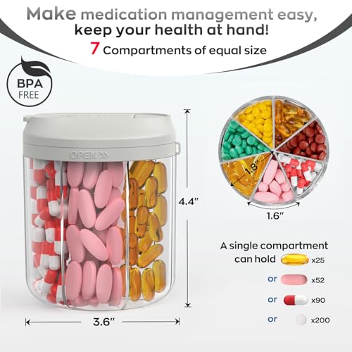Image of HIONXMGA Pill Dispenser with 7 Large Compartments, Pill Bottle Organizer for Travel, Supplement Organizer with Anti-Mixing Design, BPA-Free Pill Container with 20 Pcs Labels, Grey