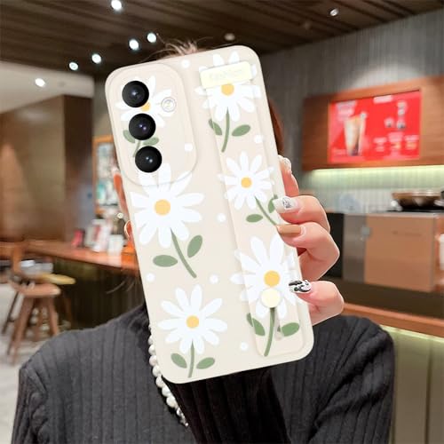 Image of Compatible with Samsung Galaxy S25 FE Case with Strap Wrist | Daisy Floral Shockproof Soft TPU Protective Cover for Women Girls, Slim Anti Scratch Case 6.7 Inch, White