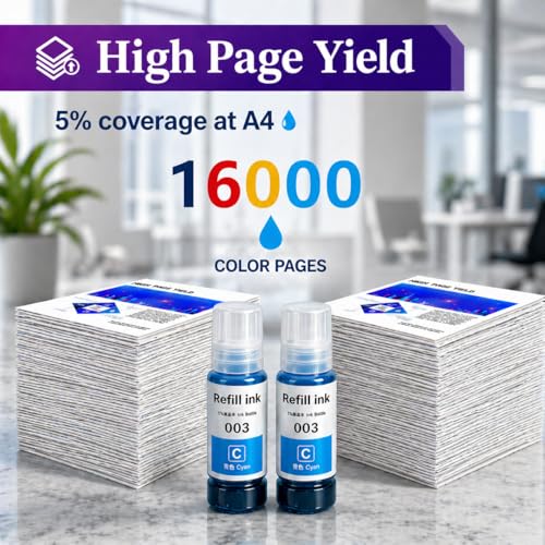 Image of 003 Compatible Refill Ink for Epson L3110, L3150, L3250, L3252, L3115, L3116, L3101, L3210, L3215, L3216, L3151, L3152, L3156, L5190 Printers (003 Cyan Pack 2)