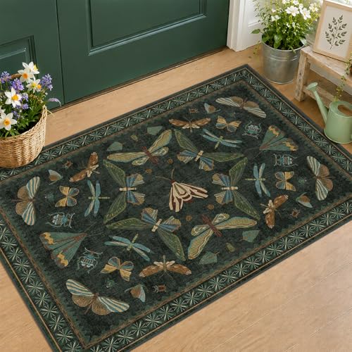 Hazo Haus 2x3 Entry Way Rugs Indoor - Dark Green Small Throw Rug for Kitchen Bathroom Insect Boho Design Washable Non Slip Stain Resistant