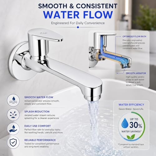 Image of ZAP Brezza Long Body Bib Cock Tap | Full Brass Wall Mounted Faucet for Bathroom & Kitchen Sink | Premium Chrome Finish | Rust Resistant Water Tap with Wall Flange | Long Body Basin Tap