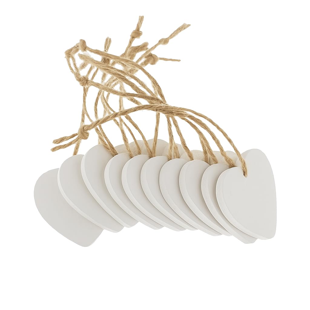 White Wooden Love Hearts (10 Pack) with String – White Painted MDF Wood Heart Shapes (4cm x 4cm) with Hanging Hole - Decorations, Wedding, Anniversary, Valentines