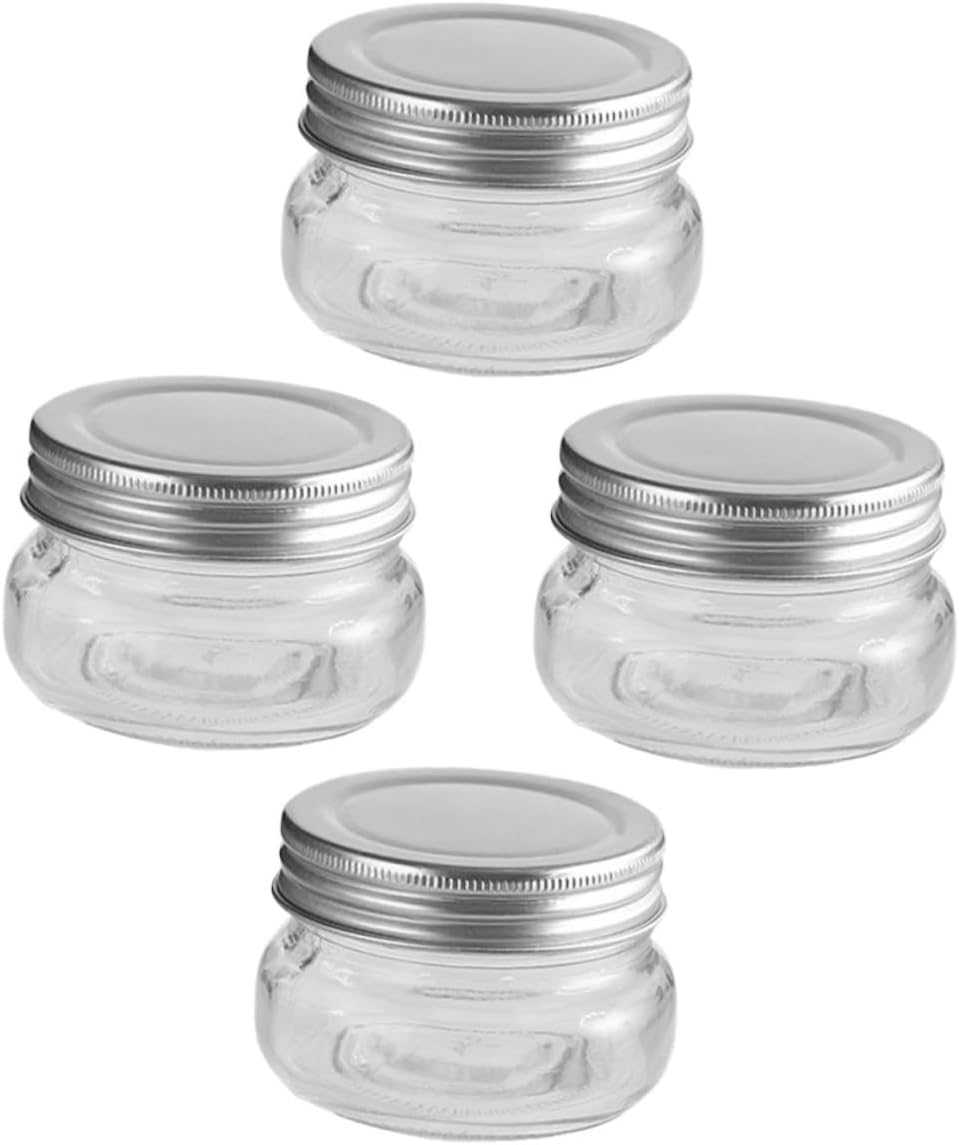 4pcs 150ml Glass Candy Jar with Aluminum Lid, Flat round Xmas Candy Storage Container for Holiday Party and DIY Decoration
