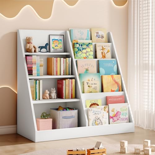 Tatub 6 Tier Kids Wooden Bookshelf and Toy Storage, Children Toy Organizer with Book Shelves, Toddler BookRack Baby Bookcase for Nursery, Playroom and Classroom, White