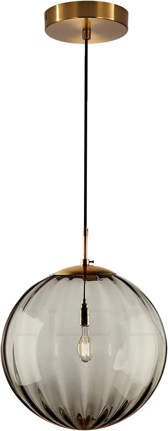 KCO Lighting Modern Large Globe Pendant Light Fixture Mid Century Smoke Grey Glass Pendant Light Vintage Hanging Lights Single Gold Globe Chandelier Kitchen Island Lighting (Smoke Gray-9.8”)