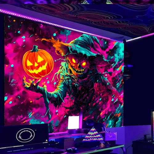 Image of Nuxovilar Spooky Scarecrow Wall Tapestry Polyester 59.05x39.37 In | Glow Poster Trippy Art Horror Decor UV Backdrop Living Room Bedroom Lounge Space Room (Flaming Pumpkin Scene)