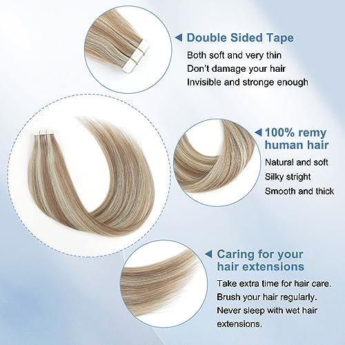 Image of Sixstarhair Invisible Tape In Hair Extensions Real Human Hair Blonde Highlights Gold Blonde With Ash Blonde Remy Tape Hair Extensions for Woman 20 Pieces 50g[Color #P20-60 22 inch]