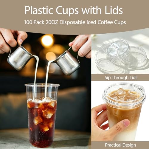 Image of 100 Pack 20 oz Plastic Cups with Lids,Clear Disposable Iced Coffee Cups,To Go Cup with Sip Through Lids for Cold Beverage,Smoothie,Wedding,Juice,Milkshake,Party