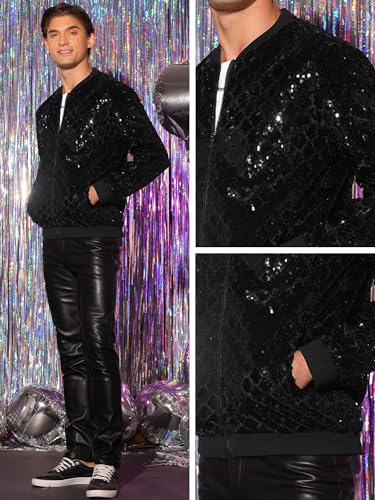 Image of Lars Amadeus Argyle Sequin Bomber Jacket for Men's Party Club Shiny Baseball Varsity Jacket