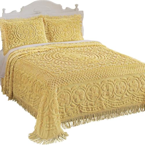 Image of Collections Etc Calista Chenille Lightweight Bedspread with Fringe Border, Yellow, Queen