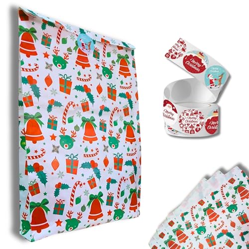 12 Sobres Papel Regalo Infantil 40x25x5 cm+16 etiquetas navidad|Sobres Kraft para Navidad|Papel Navideño,Decoración del Árbol y Hogar|Kit de Envolver regalos Reyes Magos y Christmas Wrap (Blanco/Rojo)
