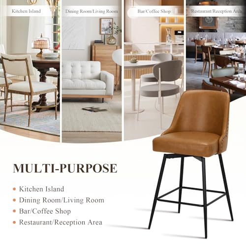 Image of MALOL Bar Stools Set of 4, 26 inch Swivel Counter Height Chairs with Back,Thick Padded Seat & Footrest,Modern Faux Leather Barstool for Kitchen Island,Dining Room,Pub,Brown