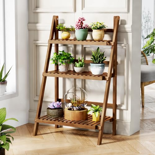 Image of 39.4 inch Bamboo Ladder Shelf Plant Shelf, 3 Tier Foldable Ladder Flower Pot Display Shelf Rack, 23.6 inchW x 15 inchD x 39.4 inchH, Freestanding Bookshelf for Garden, Balcony, Yard, Patio, Lawn, Living Room, Walnut
