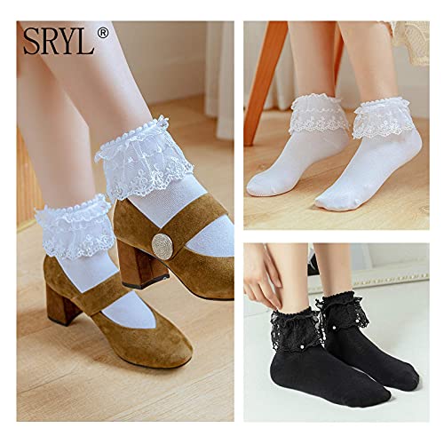 SRYL Women Ruffle Pearls Ankle Socks - Cute Cotton Lace Frilly Socks for Ladies & Girls3