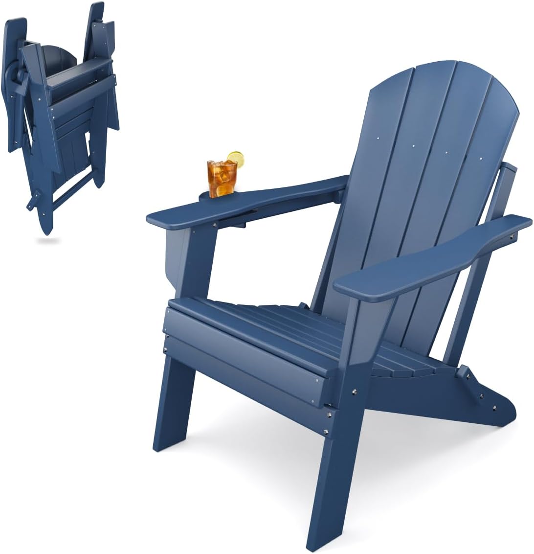 Sleek Space Adirondack Folding Chair for Garden, Patio or Deck – Arm Rests and Cup Holder – Lightweight, Weatherproof – Stylish, Durable Outdoor Furniture for Fire Pit, Beach, Poolside, Porch (Navy) Sleek Space Adirondack Folding Chair for Garden, Patio or Deck – Arm Rests and Cup Holder – Lightweight, Weatherproof – Stylish, Durable Outdoor Furniture for Fire Pit, Beach, Poolside, Porch (Navy)