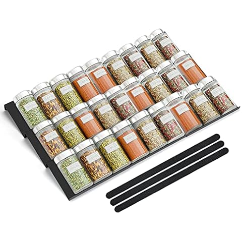 Spice Drawer Organizer, 9PCS Space Aluminium Spice Rack Drawer for Kitchen, Expandable From 8" to 23" Seasoning Jars Drawers Insert, Slanted for Spice Jar, Food Seasoning Bottle Storage, Easy Install Cover