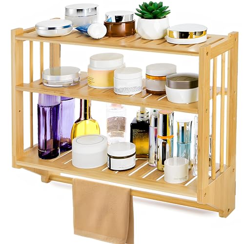 Goaste Bamboo Bathroom Storage Shelf, 3 Tier Wall Mounted Shelf Organizer, Floating Over The Toilet...