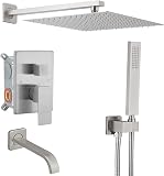 JingGang Nichel spazzolato Sistema doccia a pioggia Vasca Doccia Set 12 pollici Piazza Pioggia Soffione doccia con spruzzatore portatile e vasca Beccuccio Rough-in Valvola Miscelatore Doccia Combo
