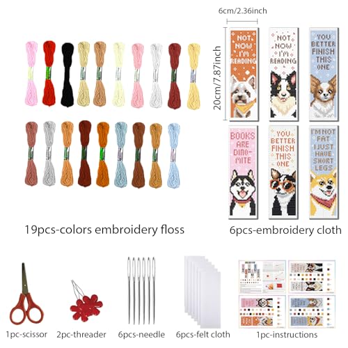 Image of FREEBLOSS 6 Set Puppies Stamped Cross Stitch Bookmark Kits Cross Stitch Kit Embroidery Bookmarks Kit for Adults Beginners with Backing Felt Embroidery Floss DIY Bookmark Kit for Book Lovers 8x2.4''