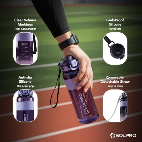 Image of Solpro Agua Spain Sipper Water Bottle 1000 ml Leakproof BPA Free, Sipper Bottle for Kids, Men, Women, Adults for School, Office, College, Travel, Gym, Workout, Outdoor, Camping (Purple /Purple)