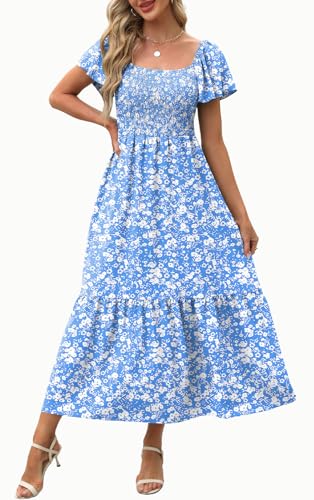 Image of OFEEFAN Summer Dresses for Women Square Neck Ruffle Sleeve Smocked Maxi Dress with Pockets