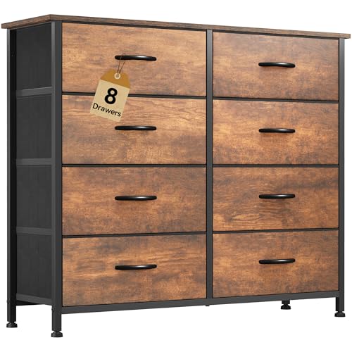 DWVO 8 Drawers Fabric Dresser, Furniture Storage Tower Cabinet, Organizer for Bedroom, Living Room, Hallway, Closet, Sturdy Steel Frame, Wooden Top, Easy-to-Pull Fabric Bins