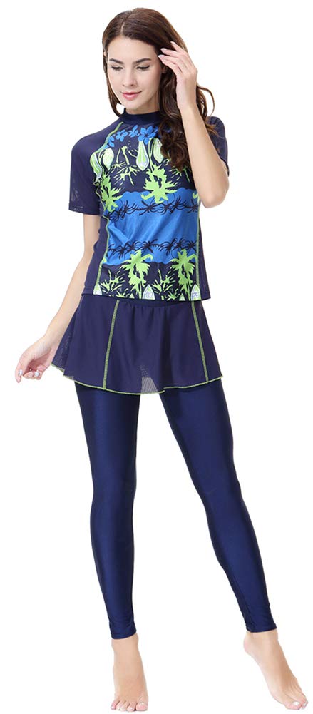 Modest Swimwear for Women Short Sleeve Swimsuit Burkini Modesty Swimming Costume Rash Guard Surfing Suit Beachwear Blue
