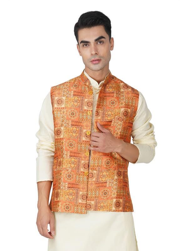 vastraa fusion Men's Digital Print Nehru Jacket In Silk Ethnic Festive Modi Waistcoat Look-picture-38