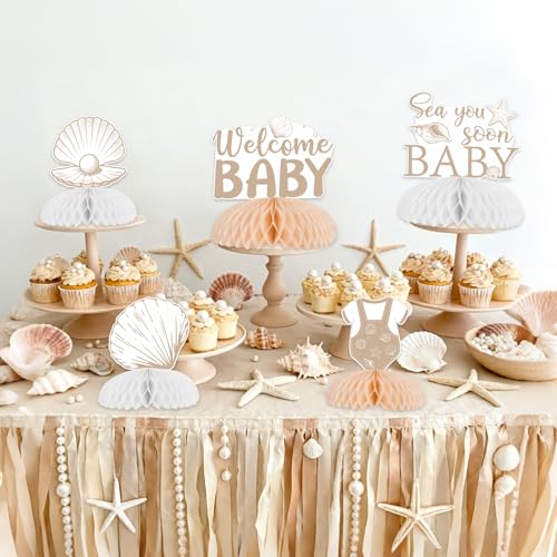 JOYMEMO 8 Pieces Boho Seashell Baby Shower Honeycomb Centerpieces - Seashell Sea You Soon Table Decorations, Double Sided Ocean Animals Table Toppers for Pregnancy Celebration Newborn Party by JOYMEMO - Used condition - Image 2