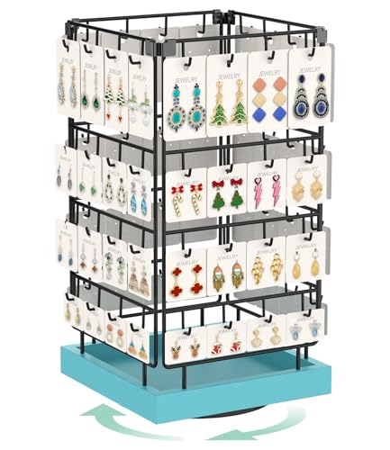 Image of EsLuker.ly Rotating Earring Display Holder Stand for Vendors Events Selling, Large Capacity 64 Hooks Jewelry Rack with Wooden Base for Earring Card Sales, Enhances Retail Visibility (Blue)
