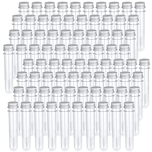 SINJEUN 80 Pack 45ml Clear Plastic Test Tubes with Caps, 25x140mm Bath Salt Tubes, Good Seal Test Tubes Containers with Screw Lip for Sample, Gumball, Candy, Scientific Experiments