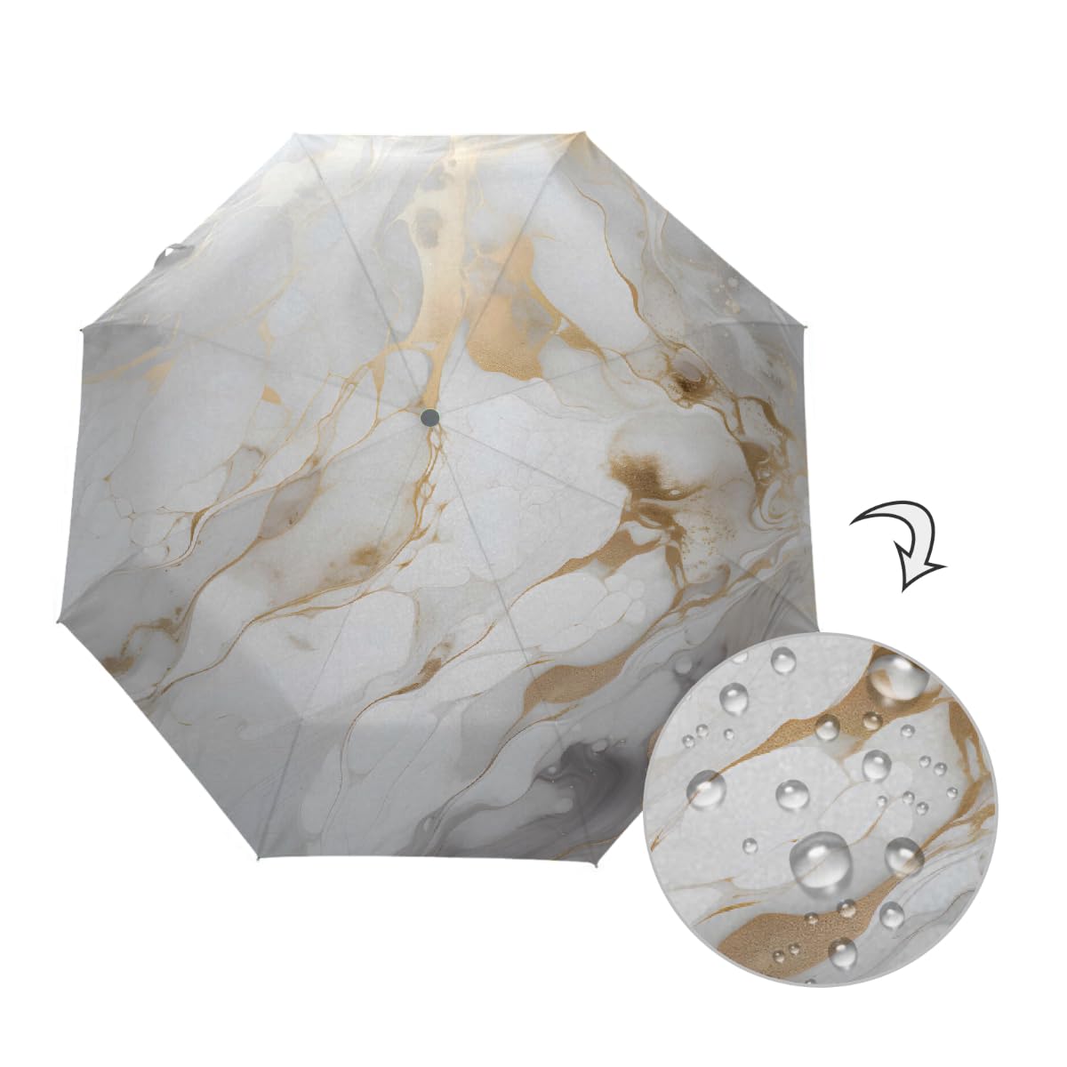 Ombrello pieghevole da viaggio con motivo marmo oro bianco ombrello compatto antivento impermeabile con protezione UV rivestimento nero leggero 8 coste portatile per pioggia sole