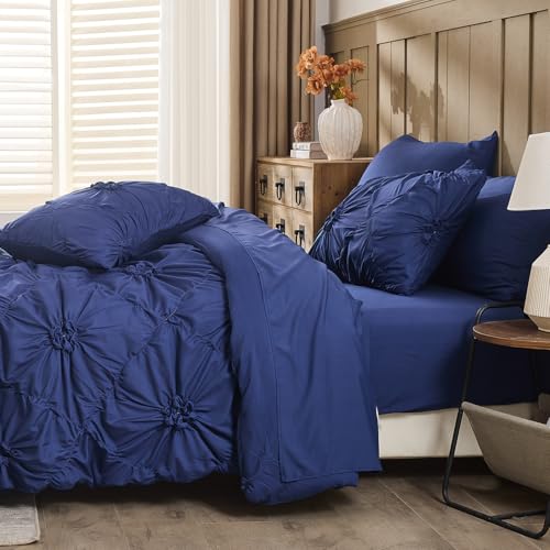 Image of Dark Blue Comforter Set Queen Size Bed in A Bag 7 Piece Pinch Pleat Bedding Set, Pintuck Ruched Flowers Bed Set with Comforter, Sheets, Pillowcases & Shams