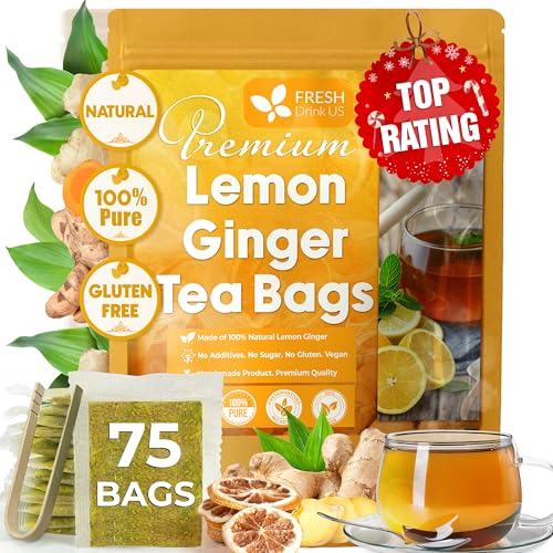 Image of FreshDrinkUS, Premium 75 Lemon Ginger Tea Bags, 100% Natural Ingredients, Hand-made Blend of Lemon and Ginger, Eco-conscious Tea Bags. No Sugar, No Caffeine, No Gluten, Vegan.